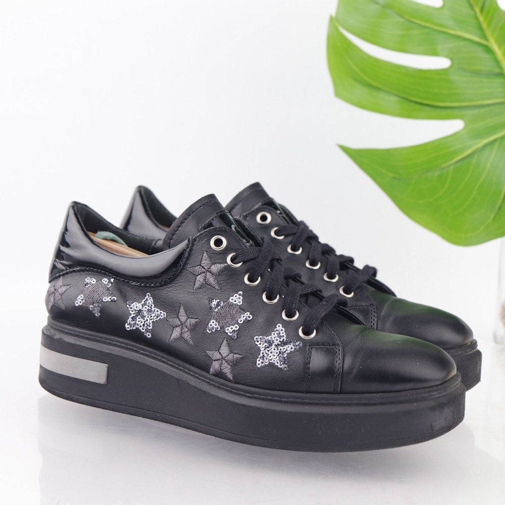 Kanna Womens Sneaker Size 38 7.5 Black Leather Platform Shoe Star Sequin Comfort